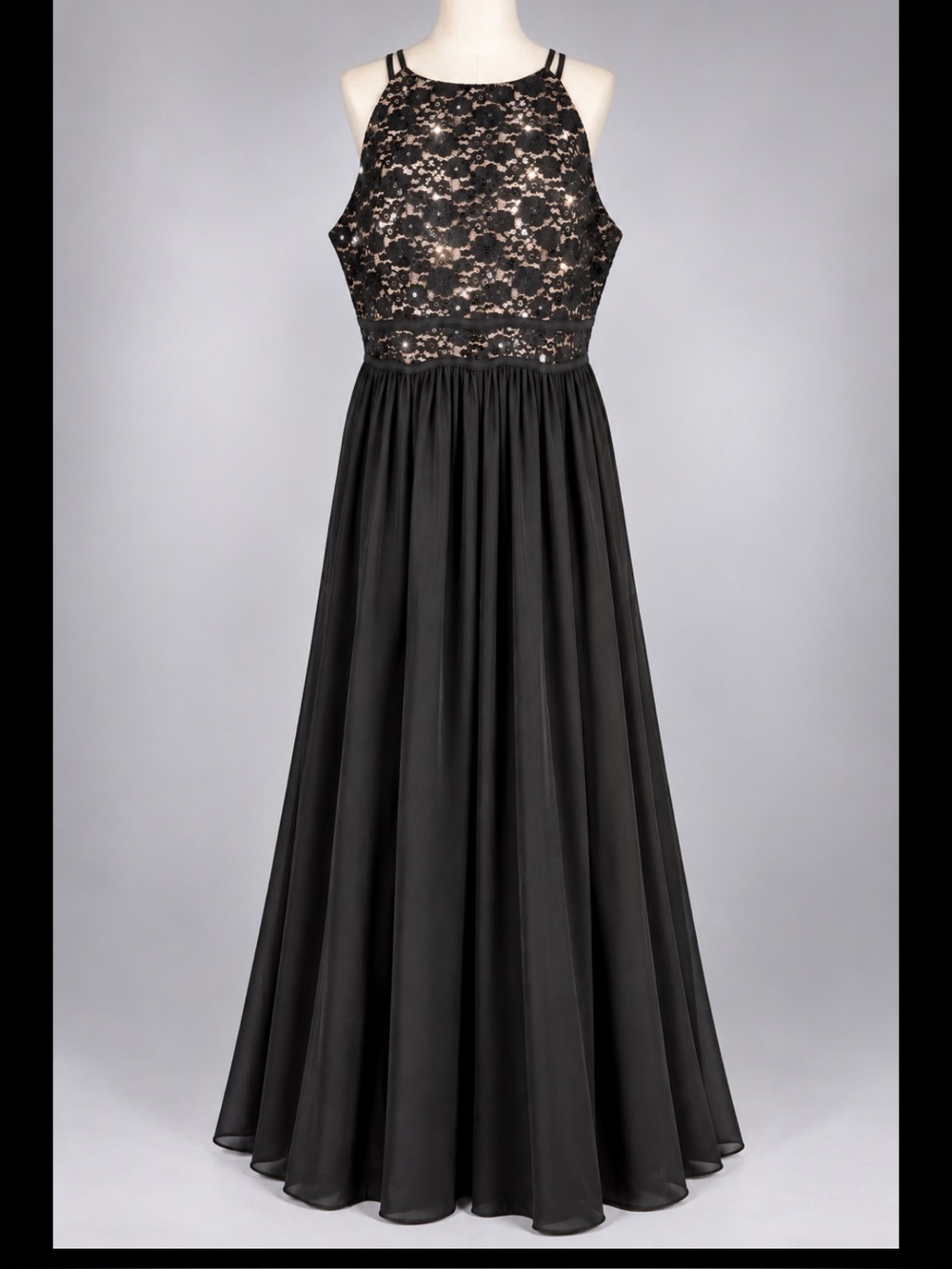 Nightway 20W Black Sequin Lace Nude Illusion Empire Waist Formal Maxi Gown